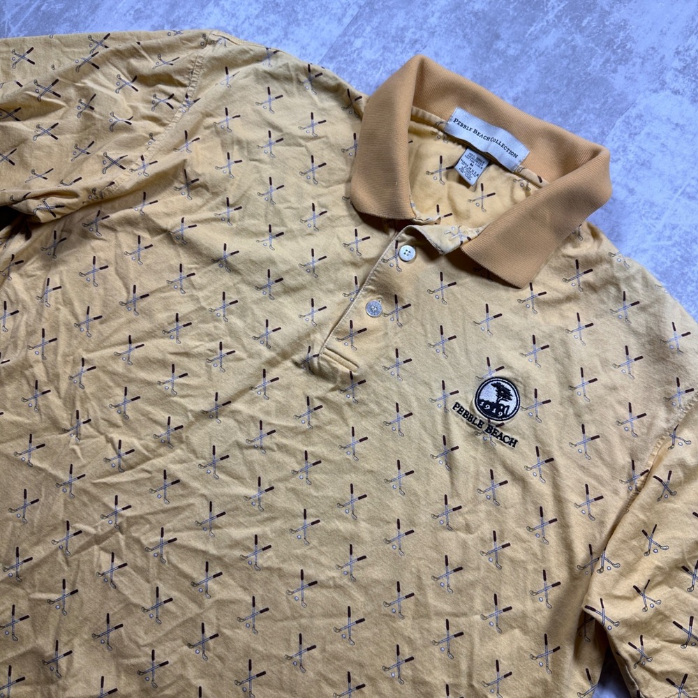 Pebble Beach Polo Shirt Mens Medium Yellow Golf Club Print Mercerized Cotton USA - Picture 2 of 7